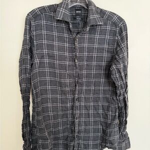 BOSS Men's Gray Plaid Linen Shirt
